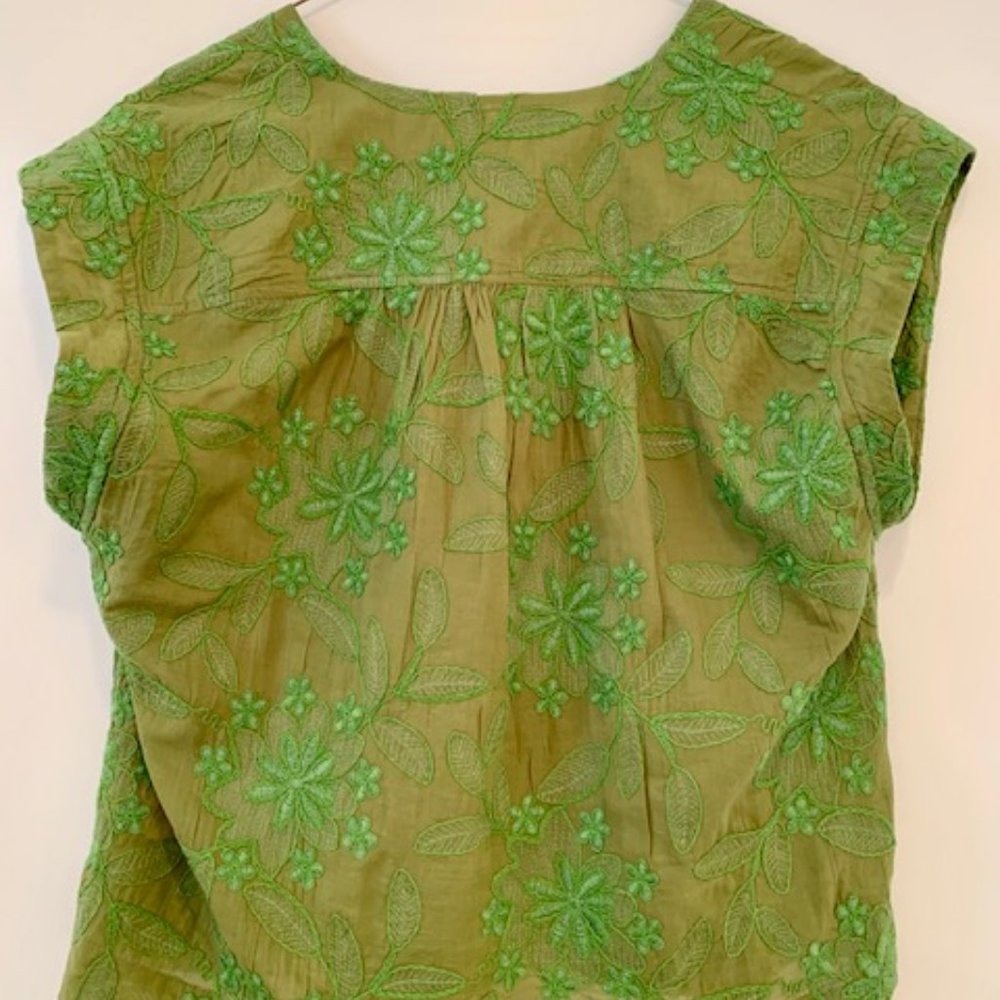 Anthropologie Olive Green Embroidered Floral Crop Top - Picture 2 of 5